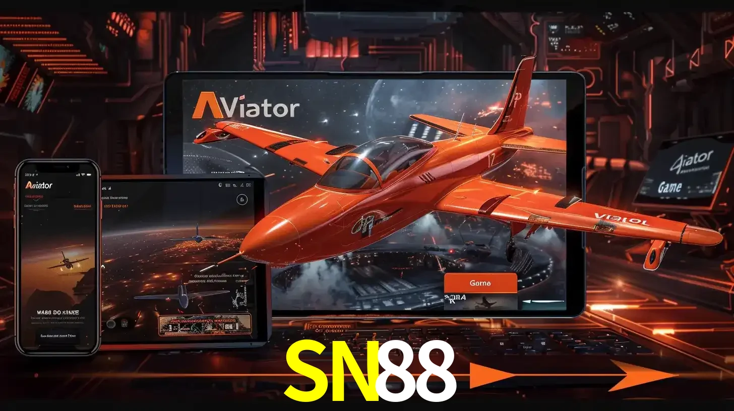 Apresentação tecnológica do jogo Aviator com um avião saindo da tela de um tablet, demonstrando a experiência imersiva em múltiplos dispositivos no SN88.