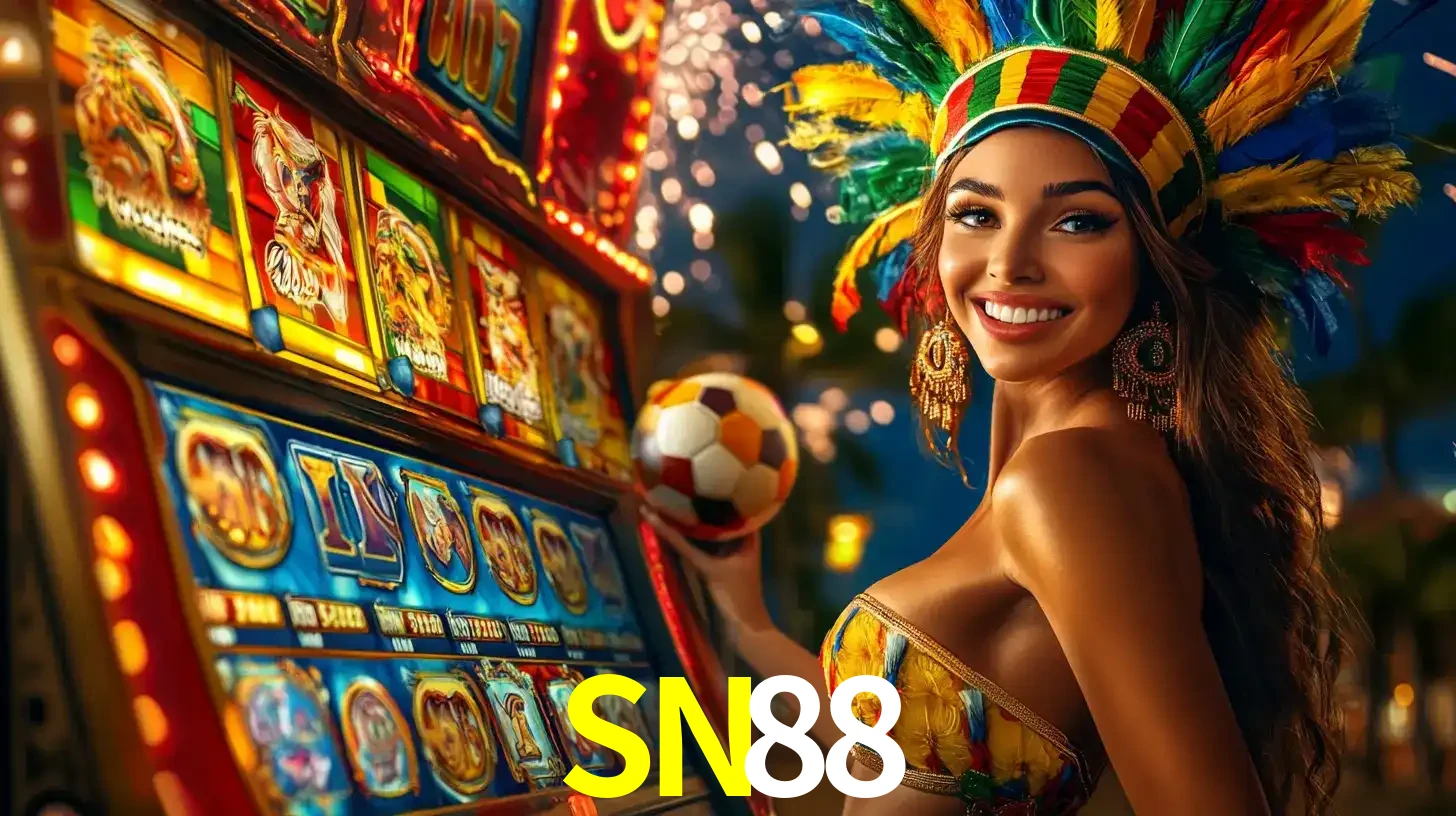 Mulher com um cocar de carnaval ao lado de uma máquina de caça-níqueis enquanto segura uma bola de futebol, mostrando a união da diversão de cassino e esportes no SN88.