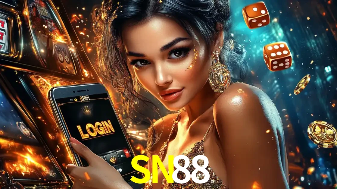 Mulher glamourosa segurando um celular com a tela de login do cassino SN88, rodeada por dados e moedas douradas, pronta para começar a diversão.