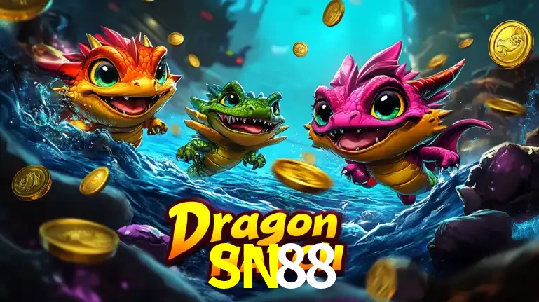 Arte promocional do jogo Dragon Hatch com três adoráveis dragões bebês nadando entre moedas de ouro, um dos slots mais divertidos para jogar no cassino SN88.
