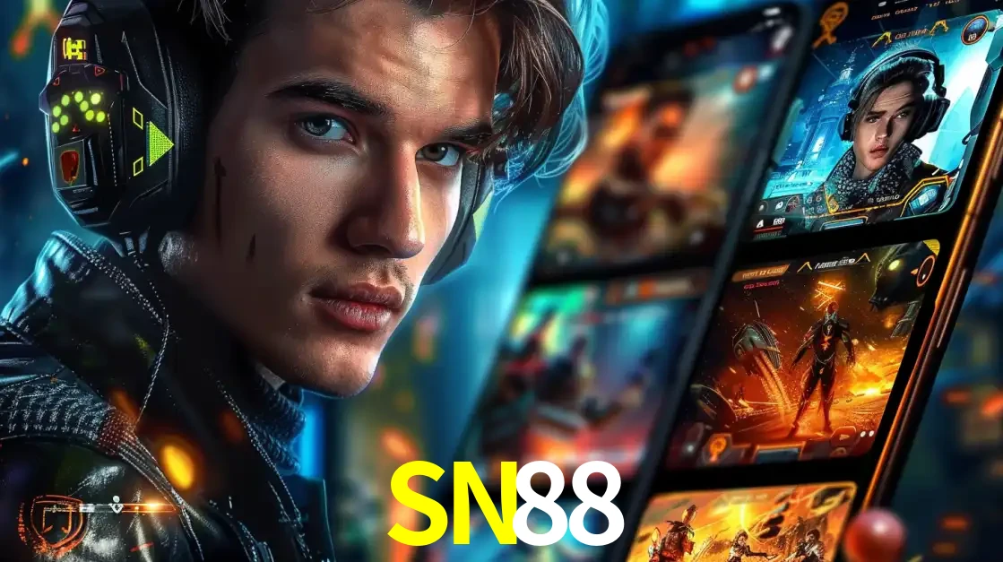 Jovem jogador com fones de ouvido olhando para a câmera, com um aplicativo de jogos e e-sports para celular ao fundo, pronto para a competição e apostas no SN88.