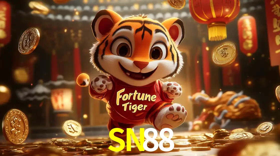 O alegre personagem do Fortune Tiger correndo sobre um caminho de moedas de ouro, simbolizando os grandes prêmios e a diversão do popular jogo de slot do SN88.