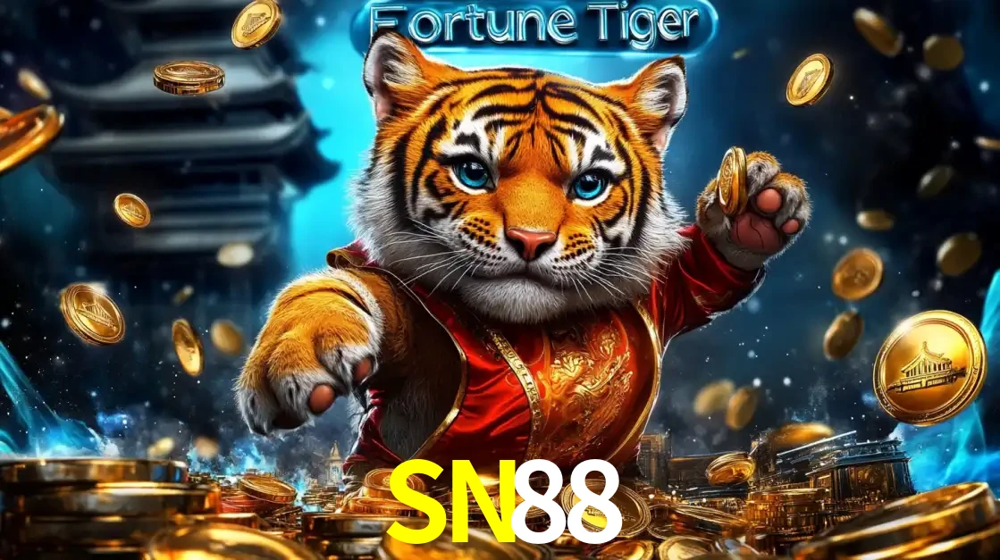 Imagem promocional do jogo de slot Fortune Tiger, com um tigre majestoso em traje tradicional cercado por uma fortuna em moedas de ouro, disponível agora no cassino SN88.