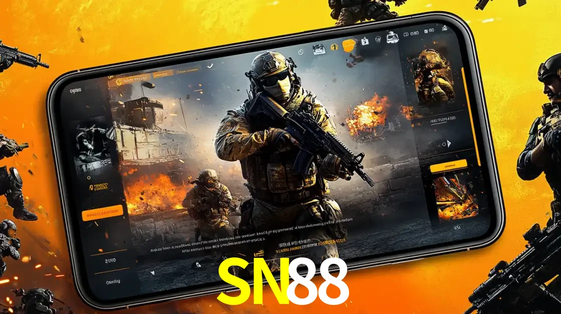 Um smartphone exibindo a interface de um jogo de tiro em primeira pessoa, com um soldado em um cenário de batalha, representando a ação dos e-sports para apostar no SN88.