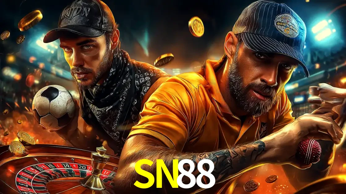 Montagem de apostas esportivas e cassino no SN88, com um homem segurando uma bola de futebol e outro uma de beisebol sobre uma roleta e moedas voadoras.