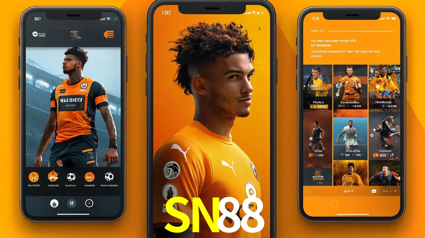 Interface do aplicativo de apostas esportivas SN88 em três telas de celular, mostrando o perfil de um jogador de futebol e a lista de jogos disponíveis para apostar.