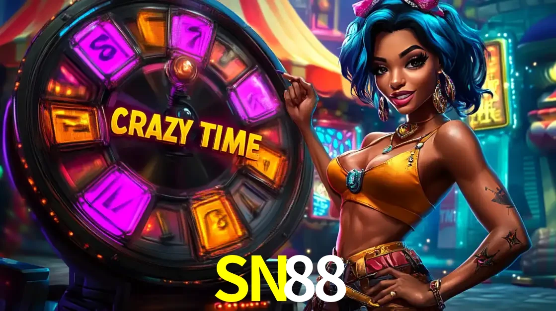 Mulher estilizada com cabelo azul e visual vibrante posando ao lado da roda de prêmios do game show Crazy Time, convidando para a diversão e os bônus do cassino SN88.