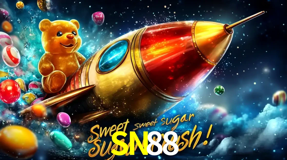 Arte promocional do jogo de slot Sugar Rush, com um urso de pelúcia em um foguete viajando pelo espaço de doces, um dos jogos divertidos disponíveis no cassino SN88.