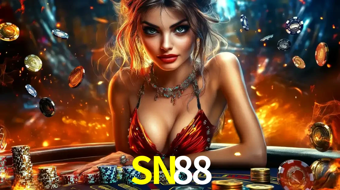 Mulher em uma mesa de cassino com pilhas de fichas e um fundo de fogo, pronta para uma rodada de altas apostas nos jogos de mesa emocionantes do cassino SN88.