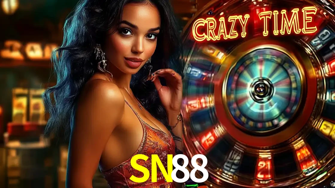 Mulher elegante ao lado da vibrante roda da fortuna do jogo de cassino ao vivo Crazy Time, um dos game shows mais populares e cheios de prêmios do SN88.