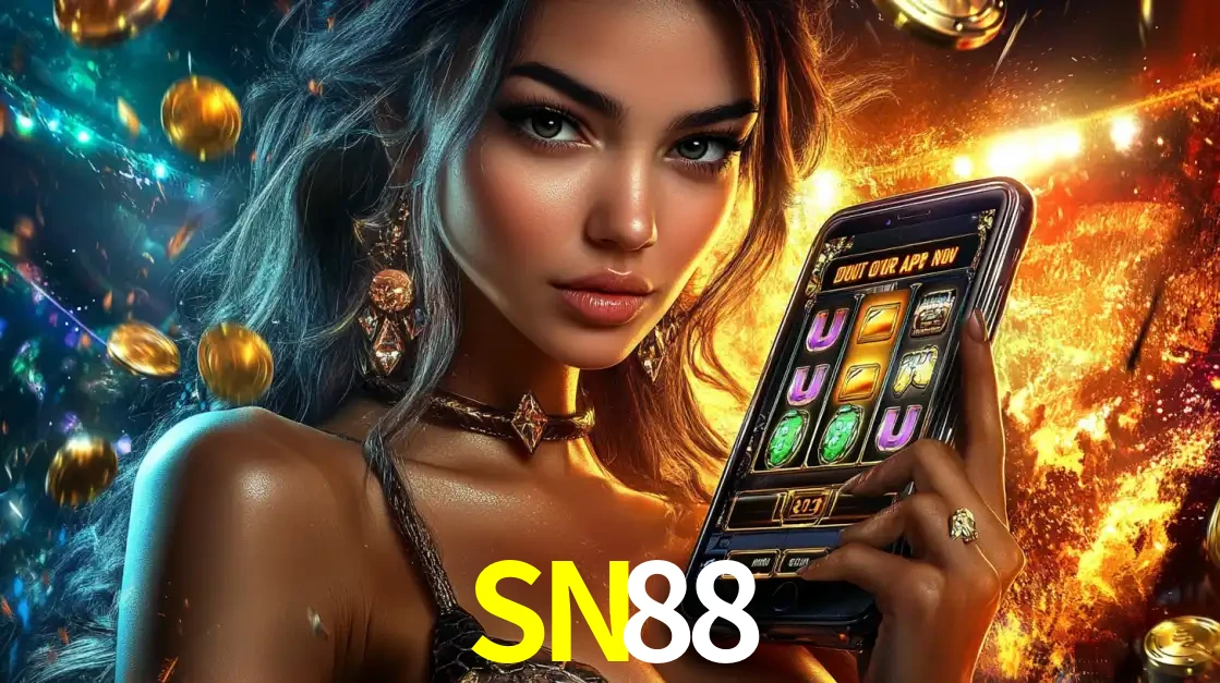 Mulher elegante mostrando um jogo de caça-níqueis em seu smartphone, destacando a experiência de cassino móvel oferecida pelo aplicativo SN88.