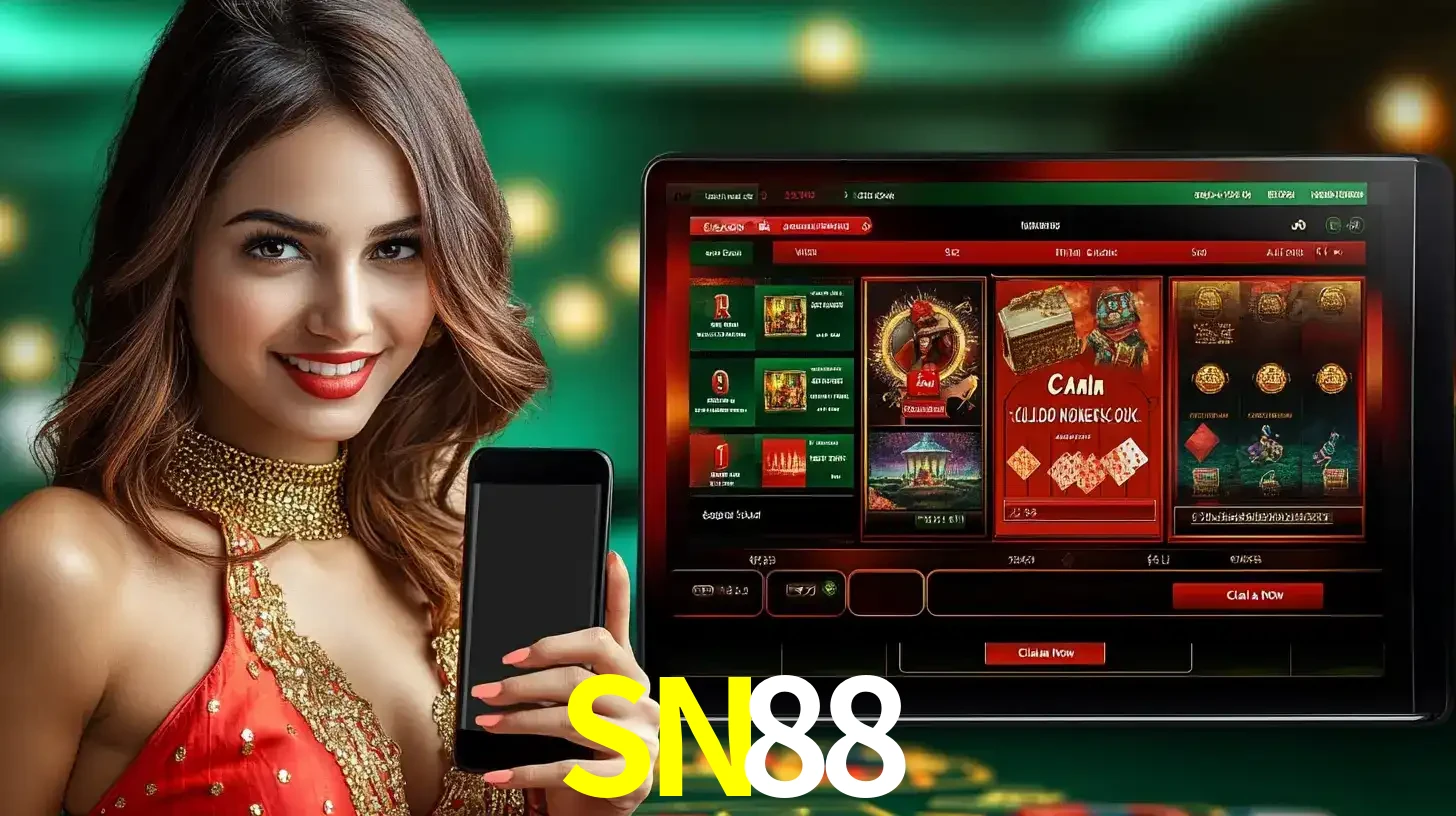 Mulher sorridente segurando um smartphone, ao lado de uma tela exibindo o lobby de jogos do cassino online SN88, com várias opções de jogos de cartas e slots.